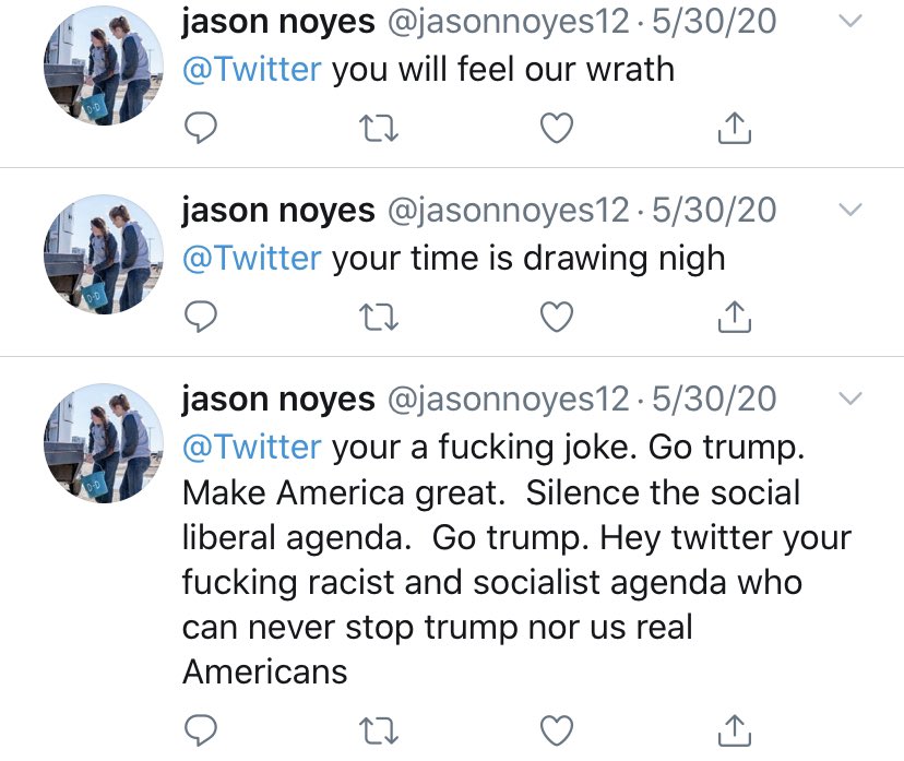 Jason Noyes also told Twitter “you will feel our wrath” and “your time is drawing nigh.” Sounds like a threat.Jason was also mad that live cop shows were shut down. Imagine that, a racist was upset cop shows were shut down.