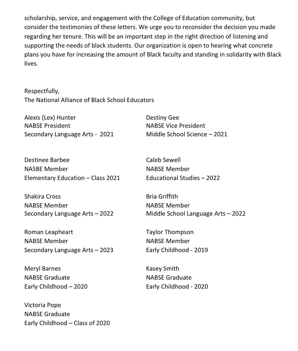 Attached is a letter from our NABSE organization to President Mun Choi. We demand that Dr. Woodson is awarded tenure.