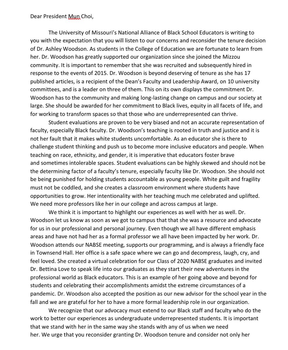 MizzouEdNABSE's tweet photo. Attached is a letter from our NABSE organization to President Mun Choi. We demand that Dr. Woodson is awarded tenure. https://t.co/CVsASBdREV