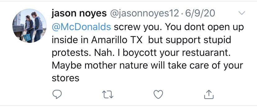 Jason Noyes with the homophobia. He was upset the McDonald’s was closed in Amarillo, TX. He is now boycotting Big Macs.