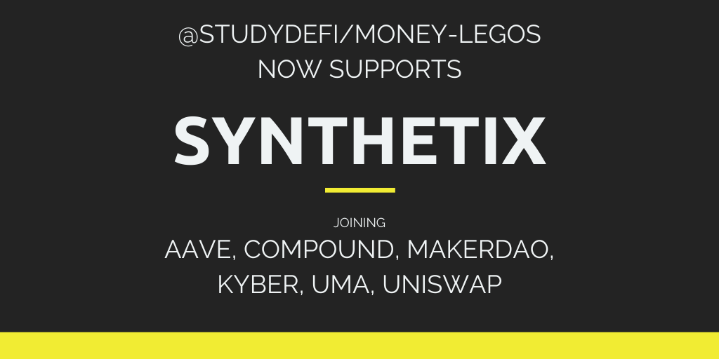 adrianmcli's tweet photo. 🙌🙌🙌 @synthetix is now supported by the @StudyDefi Money-Legos NPM Package ⚡⚡⚡

Thanks to @cmarcelom86, you can now interact w/ Synthetix smart contracts by NPM INSTALL.

Guide: https://t.co/lTwzrz6Roj
Github: https://t.co/45oDuYtJyl https://t.co/UAKbcbf0fV