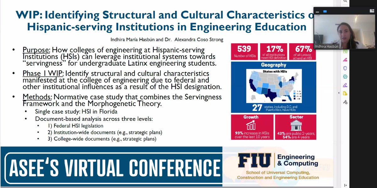 AECoso's tweet photo. Today @IndhiraM_Hasbun, ReDes's senior graduate student, shared the first publication from her doctoral work!! This Work-in-Progress emphasizes the need to examine engineering education in the context of Hispanic-serving Institutions (HSIs). #FIU_ReDes #HSIresearch #ASEEVC https://t.co/D5TasdzZra