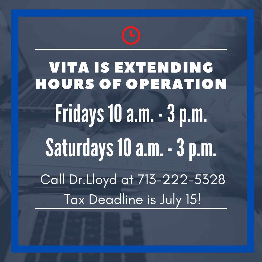 UHDVITA's tweet photo. Do you need to file your taxes? The deadline is July 15. 
UHD VITA has extended their hours of operations to Fridays and Saturdays, 10 a.m.- 3 p.m.
Visit the website for more details: https://t.co/Cl44pIbjKM https://t.co/ijIfk6KZkv