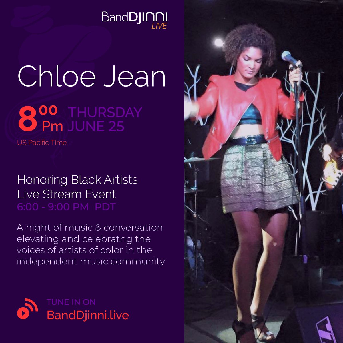 BandDjinni's tweet photo. Be sure to watch the BandDjinni livestream tomorrow for a live discussion and performance from Chloe Jean.
.
Visit: https://t.co/exzPzHkqOs to watch!
.
#livemusic #indiemusic #supportingblackartists #blackmusicmatters #musician
#localmusicmatters #supportlocalmusic https://t.co/DRgrh0Y6RR
