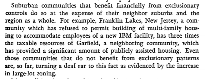 Why ban more affordable housing types in a growing economy? They give an example where one community enjoys triple the tax base of a neighbor. Hard to say today that's all zoning, but it's part of the picture.