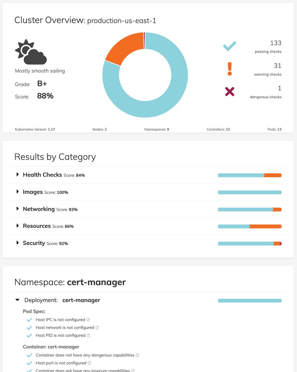 Polaris is really nice and simple to run. It spins up a dashboard showing if your Kubernetes cluster is following the best practices. You can tweak the ruleset and include it in your CI  pipeline as well. #devops #kubernetes #containers #k8s #ops #opsec github.com/FairwindsOps/p…