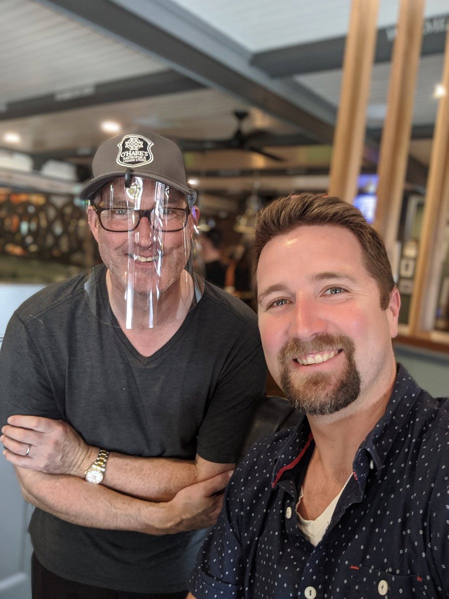 MPitcairn's tweet photo. So great to see my friend Grant and @richmondchamber Director from @OHaresPub re-opened for business. Awesome job on the new social distanced layout and cool PPE gear. #steveston #RichmondBC https://t.co/5DKcqkOJbh