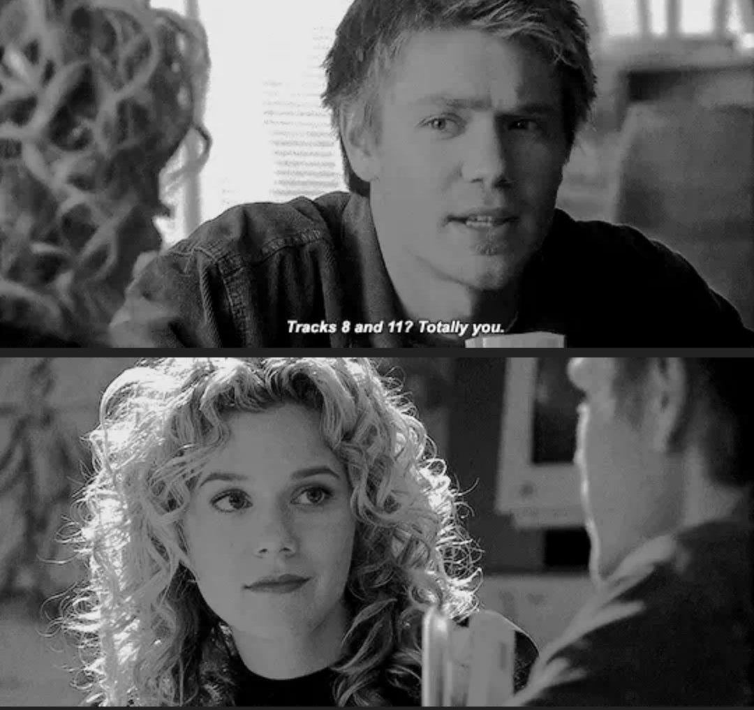 1x11: Brooke has a hard time connecting with Lucas, so she asks Peyton for help (Brooke has always subconsciously known). Peyton gives her songs for him to listen to. But Lucas immediately knows that Peyton chose them. IMAGINE thinking anyone else was endgame.