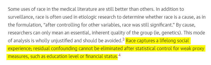 13/ Second, the patients in the AASK trial had SES differences (jobs, environment, diet, income, etc) that would confound/bias eGFR predictions. (Note, even if we could adjust for SES, we still cannot account for all confounders related to race) https://jamanetwork.com/journals/jama/fullarticle/2703957