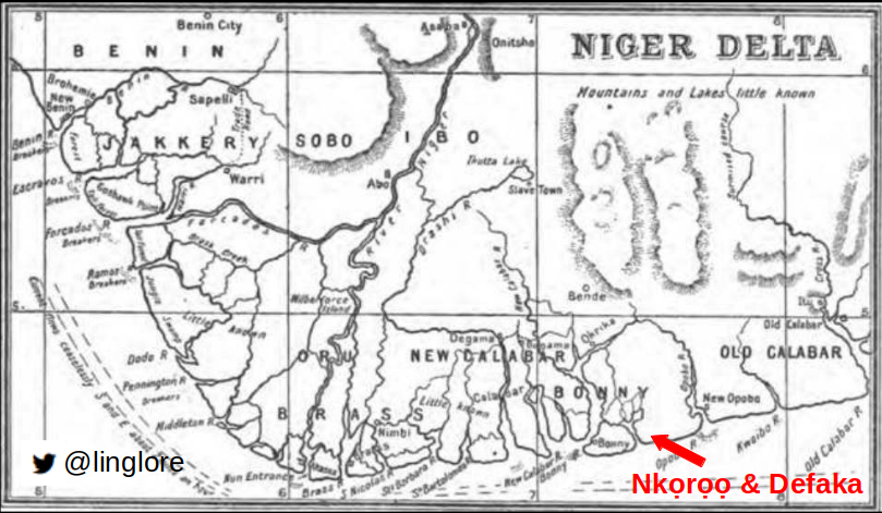 linglore's tweet photo. The #Defaka (#Afakani) people are close neighbours to the #Kirika / #Nkọrọọ. The rapidly disappearing Defaka #language bears significant Nkọrọọ influence. Defaka may be related to the #Ijaw #languages, but in some ways is so divergent that scholars aren't certain. https://t.co/9yDBjUbEe9