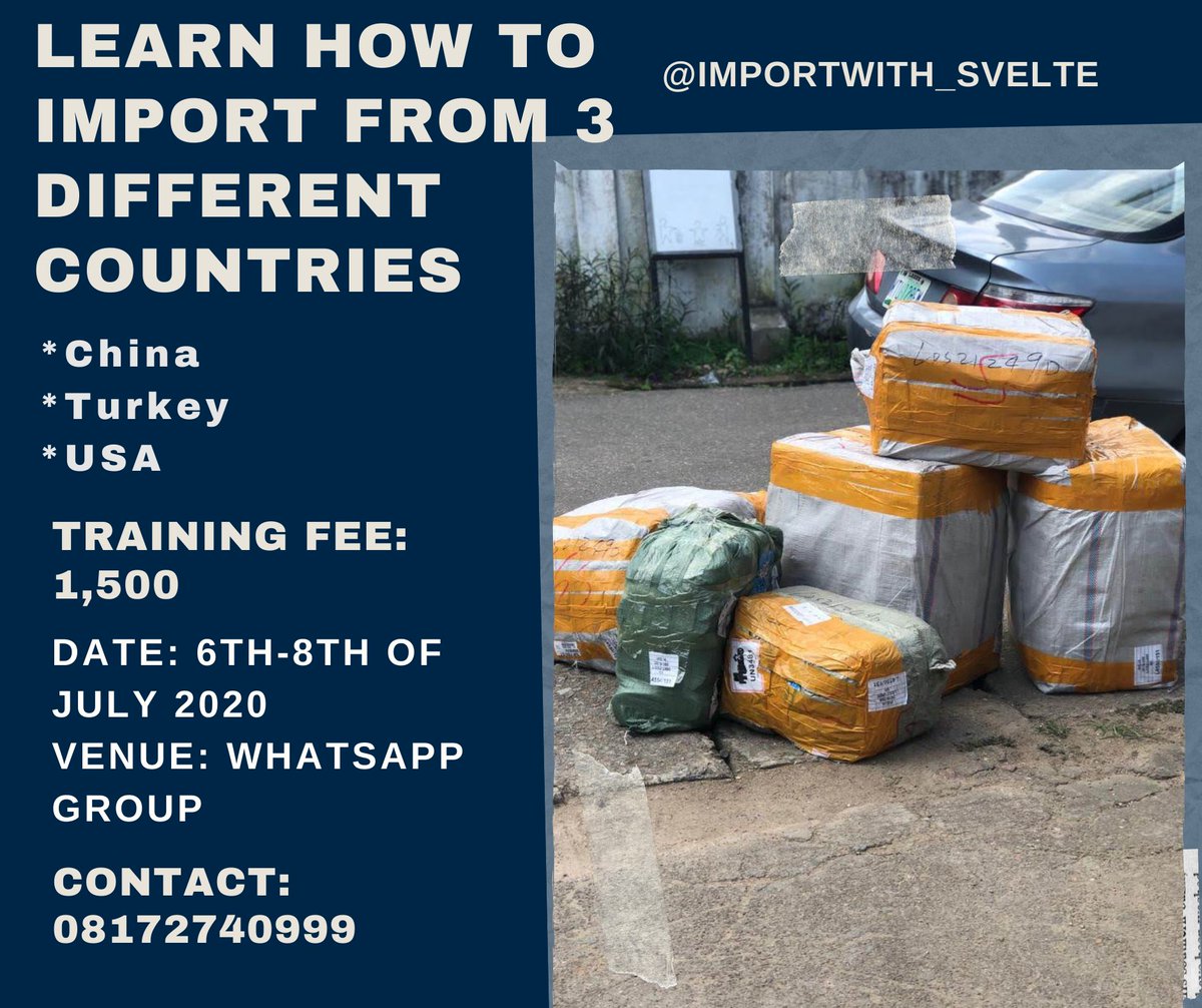 importwitsvelte's tweet photo. LEARN HOW TO IMPORT FROM 3 COUNTRIES USING YOUR SMART PHONE
And guess what this training costs just #1,500 only
Click on this link below to join the group
https://t.co/eR0WYApCwH
#twomarketplace https://t.co/SACwp3WfA1
