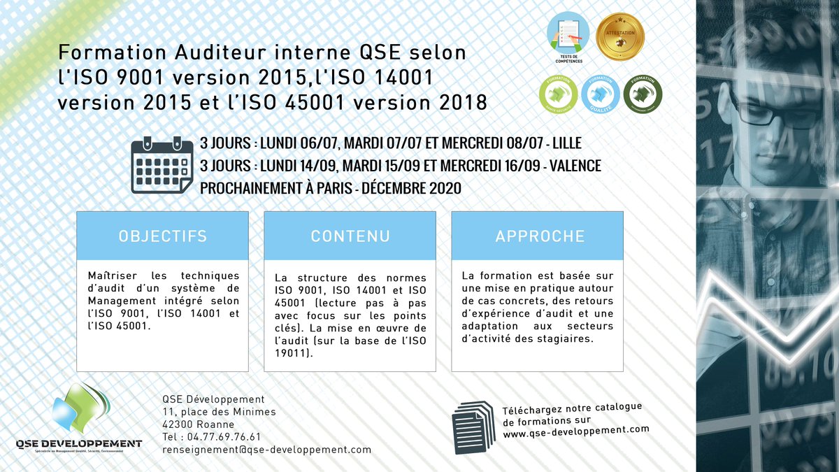 Formation Auditeur interne QSE selon 3 référentiels : ISO 9001, ISO 14001 version 2015 et ISO 45001 version 2018.
📌 Maîtriser les techniques d'audit du SMI selon les 3 référentiels.
📅 Session de 3 jours à Lille, Valence et Prochainement à Paris
Plus d'infos ⤵️
