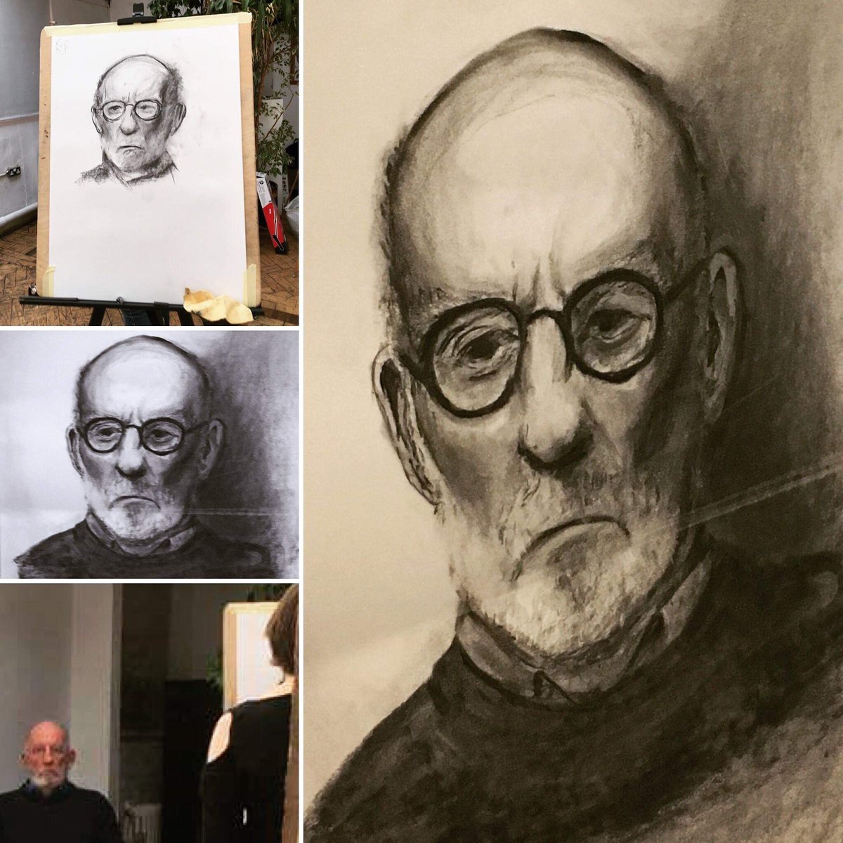 This was my first ever charcoal drawing.The difference between the top-left and final image was simply that I used the technique of standing back to see both subject and canvas side-by-side.Which I knew from the theory of “sight-size” (best accuracy technique).