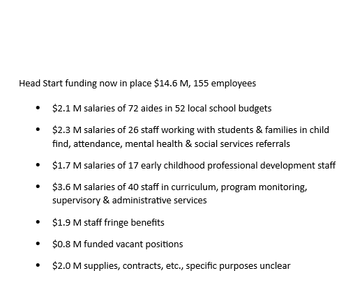 Part of central office fund cut: loss of $14.6 M Head Start $$, much of which supported family service workers, mental health clinicians, early childhood aides, classroom supplies. 75 aide jobs stay w/ local fund $$ from elsewhere, 83 positions gone. From budget+employee roster.