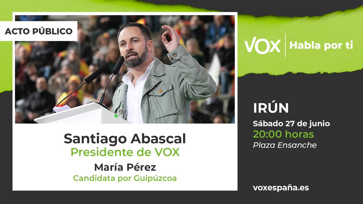 Este fin de semana estaré en actos público de VOX en:

🚩Viernes 26 junio: SESTAO (Vizcaya)
🚩Sábado 27 junio: IRÚN (Guipúzcoa)
🚩Domingo 28 : LAGUARDIA (Álava)

¡Os esperamos! 

#VOXHablaPorTi
#Elecciones2020