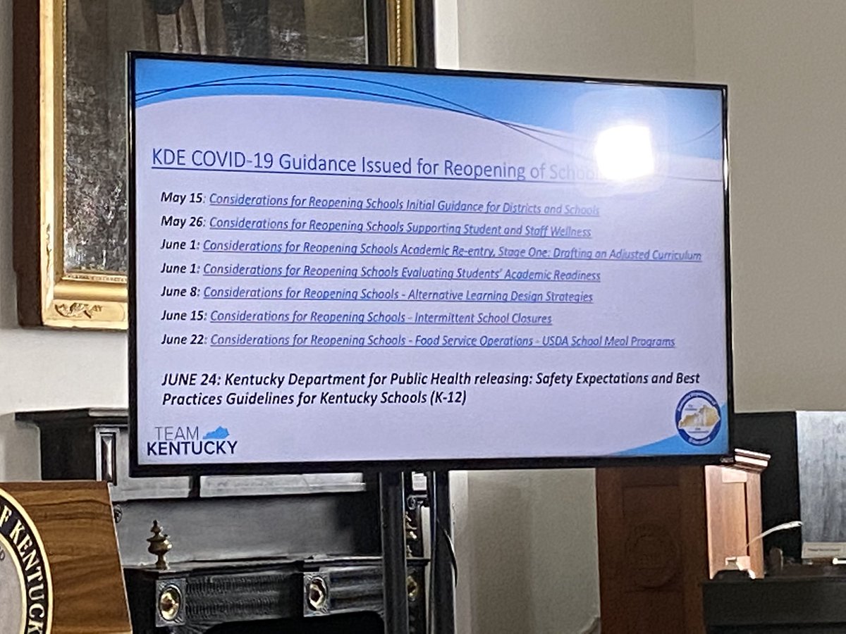 Brown calls up slide showing the guidance KDE has provided to schools over the past three months. (Recall that last week top Republicans in KY Senate sent letter griping about lack of guidance.)