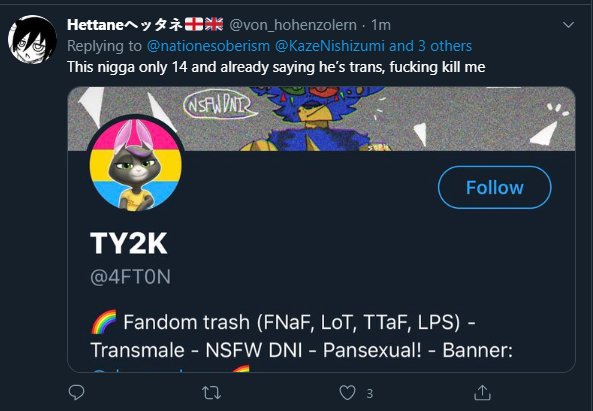 PosiHelpy's tweet photo. Imagine saying shit like this to a 14 year old trans kid who was offended by a joke of a trans person committing suicide. These people are fucking sick. 
Please RT this to get these people off of twitter. https://t.co/M1XombvuDb