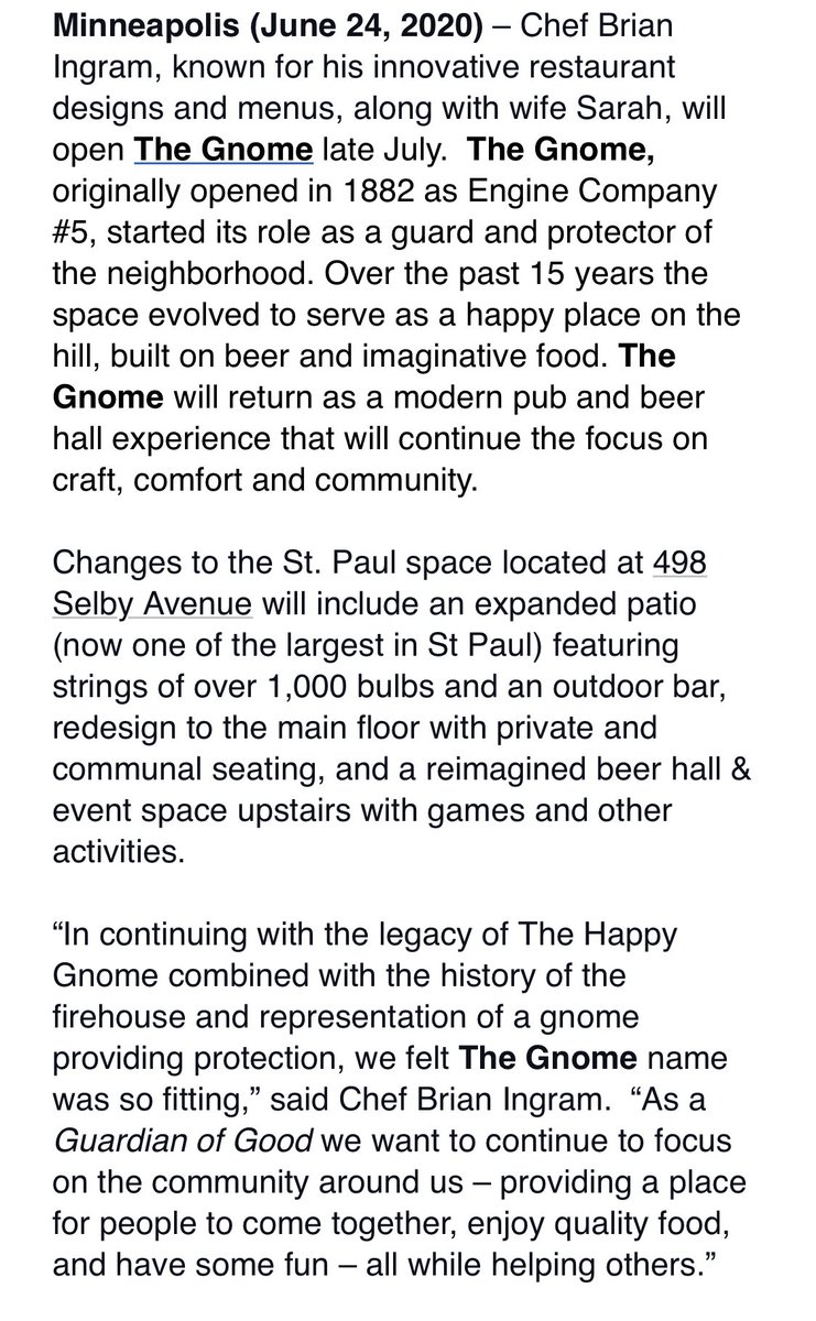 DeRushaEats's tweet image. NEW: The Gnome from @hopebreakfastmn and @Chefjsuth as culinary director will open in #MySaintPaul in late July with an expanded patio.