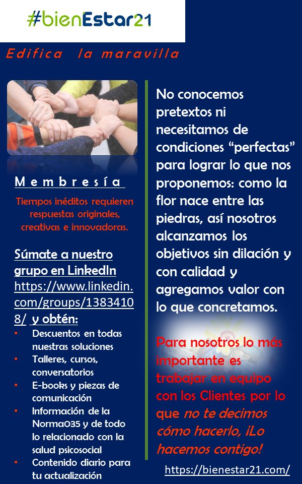 MusaMuseMx1's tweet photo. Comparte con tus contactos para que se unan al grupo de #bienestar21 en LinkedIn, para recibir beneficios plenos a precios especiales.
#bienestar21 #norma035 #saludorganizacional #edificalamaravilla https://t.co/WWLU22e3tA