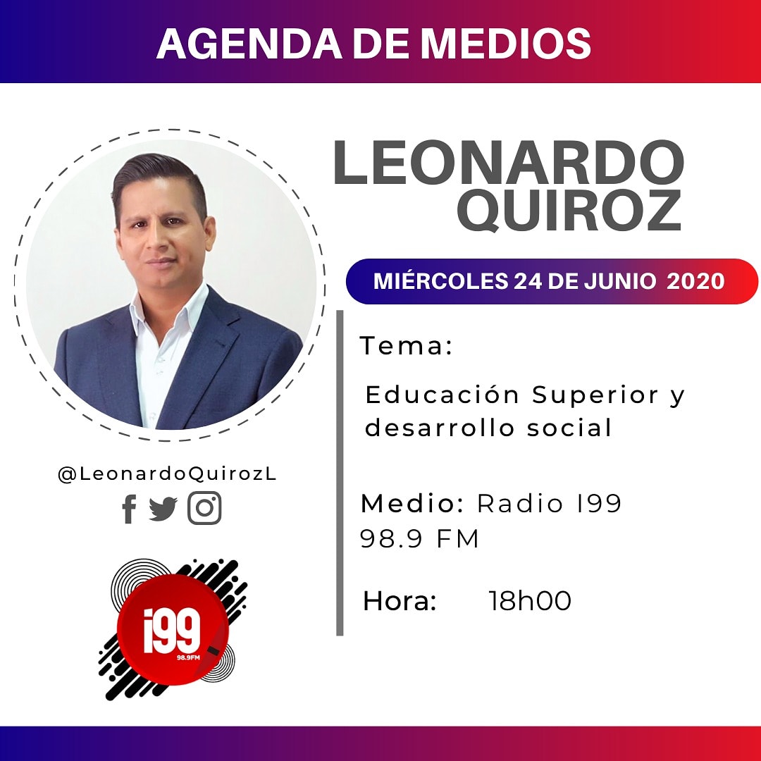 LeonardoQuirozL's tweet photo. 🎙Entrevista || #IdeasConPoder
Acompáñame esta tarde 24 de junio, a las 18h00 en Radio I99 - 98.9FM: "Educación Superior y desarrollo social”
#Educación #Desarrollo #Ecuador https://t.co/cqL41MXma8