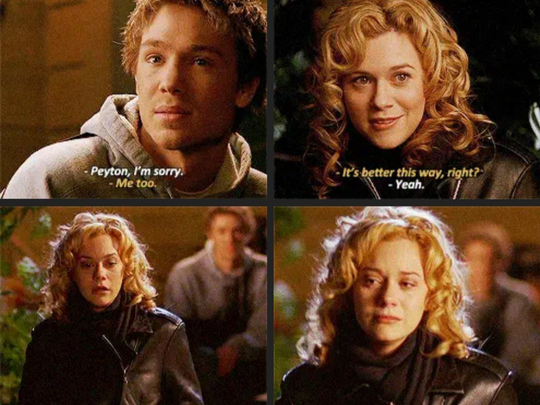 Brooke has caught them. Peyton doesn't wanna continue the affair out of guilt. Their circumstance gets in the way, their timing is terrible, but their story is deep. They find a way.