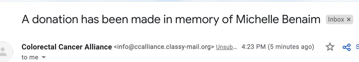 Lots of beautiful responses & kind words -- but this is my favorite one.  https://www.ccalliance.org/patient-family-support/michelle-benaim-memorial-fund