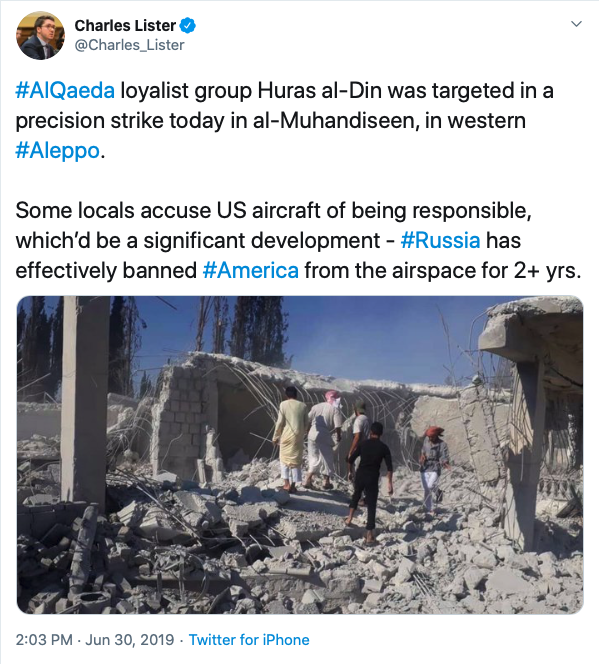  #AlQaeda-linked allegations of  #HTS complicity in US drone strikes began after a strike on June 30, '19 - the 1st in ~2yrs.That strike killed 5+  #AlQaeda loyalists *bitterly* opposed to  #HTS, who'd just quit Huras al-Din for its willingness to share fronts vs.  #Assad with  #HTS.