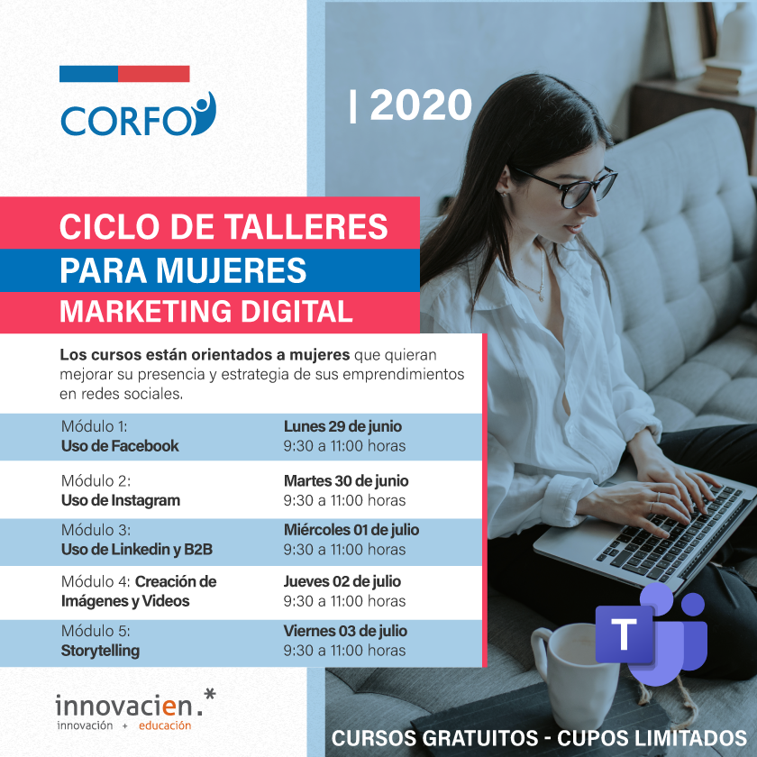 Corfo's tweet photo. ¡Atentas emprendedoras! Les traemos más oportunidades para que impulsen sus Pymes con este ciclo de talleres en Maketing Digital. Serán 5 módulos para conocer distintas Redes Sociales y cómo aprovecharlas para difundir sus negocios 👉 https://t.co/AldOjILCFW 👩‍💻 https://t.co/twbo8TMfhk