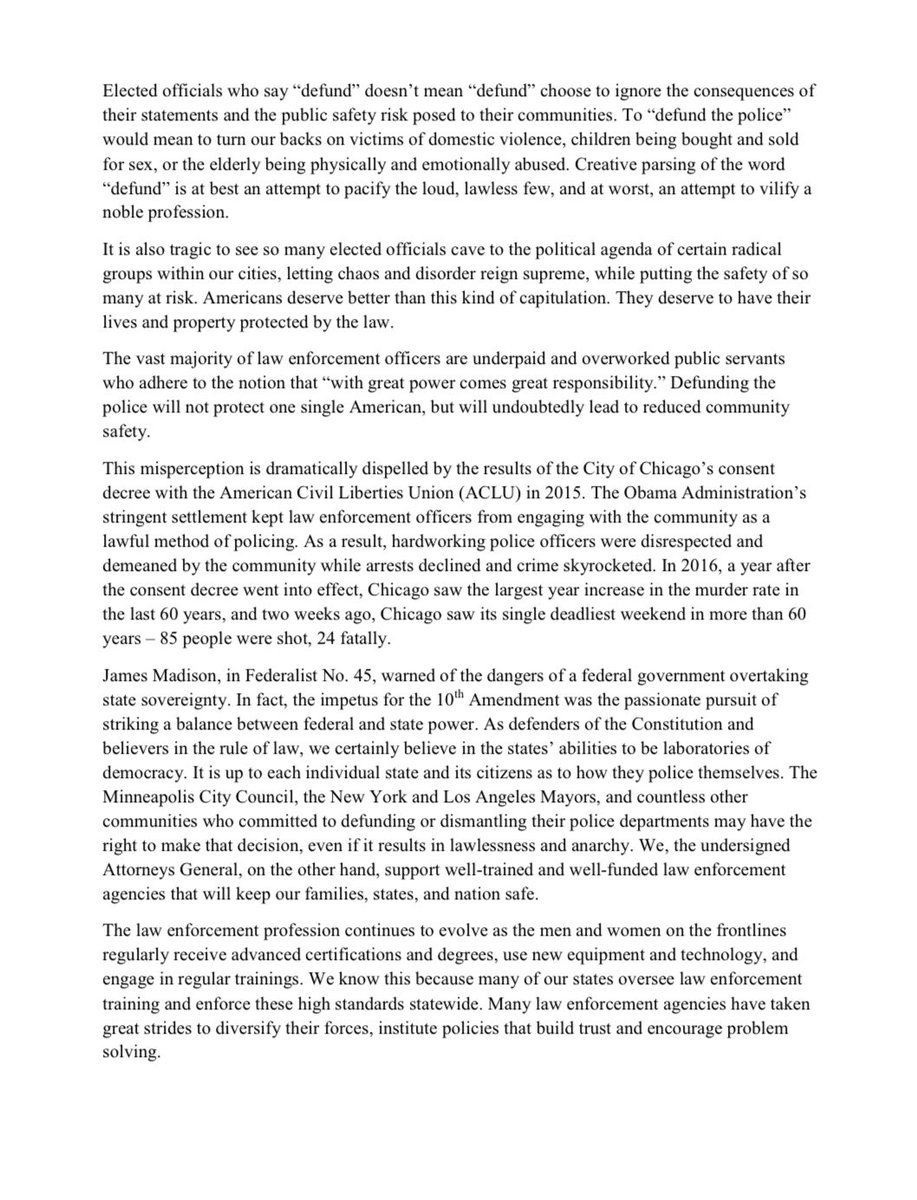 kyoag51's tweet photo. I joined a coalition of 17 Attorneys General in writing a letter denouncing the dangerous “defund the police” movement. As the letter states, “our goal should be to empower law enforcement to legally &amp; ethically fulfill their duties, not restrict their ability to protect us all.” https://t.co/I2pvDhQpnW