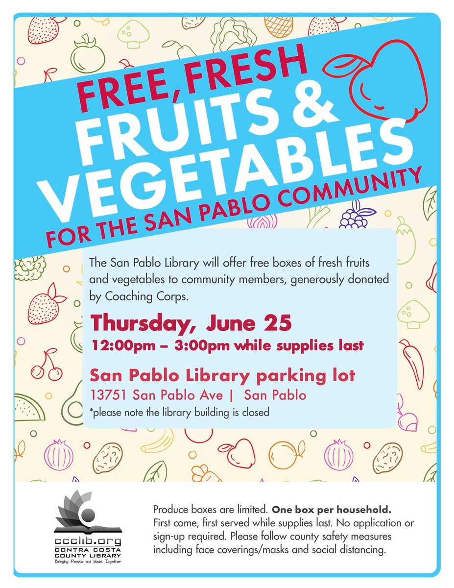 Free and healthy food! 🌏🍒🍏🥦 <a href="/contracostalib/">Contra Costa County Library</a> <a href="/supejohngioia/">John Gioia</a> <a href="/CityofSanPablo/">City of San Pablo</a> <a href="/SanPabloLibrary/">SanPabloLibrary</a> <a href="/CCCounty/">Contra Costa County</a> <a href="/CCCCLeaders/">CCCClimateLeaders</a> <a href="/RMSI/">Richmond Main Street</a> <a href="/CoCoHealth/">Contra Costa Health</a> <a href="/HealthyRichmond/">Healthy Richmond</a>