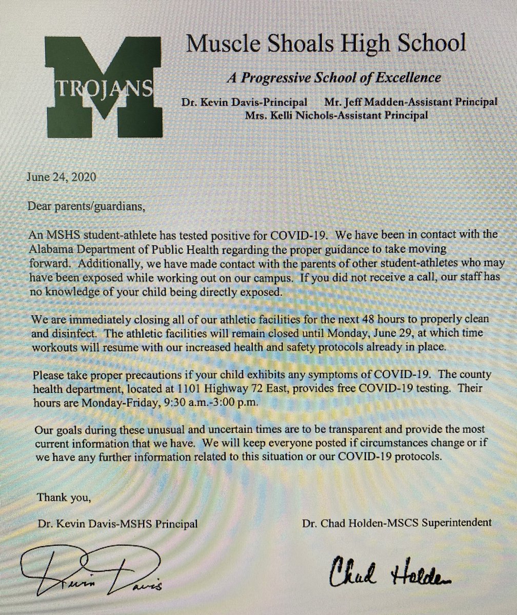 Please see the attached letter for important information regarding our athletic facilities: