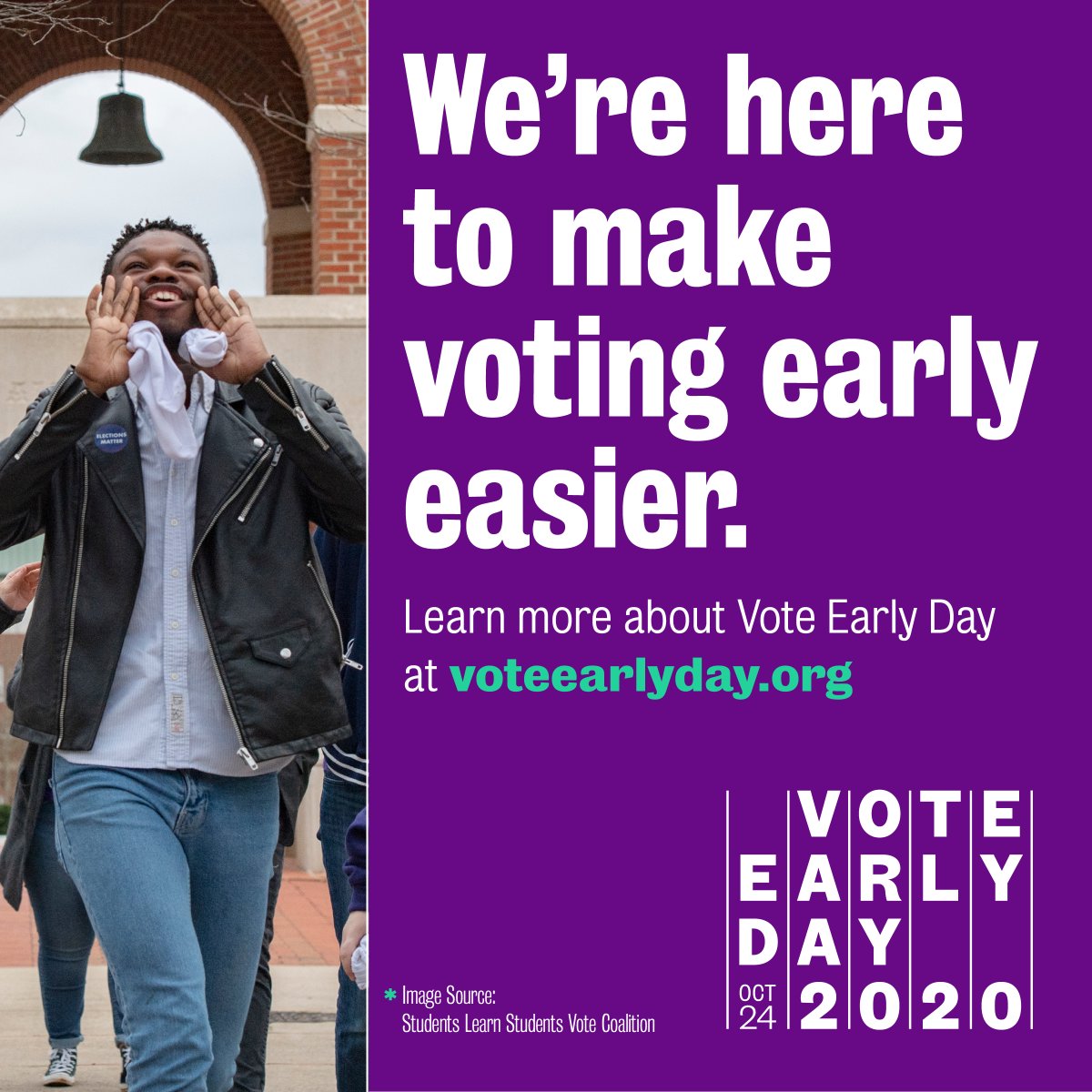 allintovote's tweet image. Mark your calendar: October 24 is national Vote Early Day. Did you know most voters can cast a ballot before Election Day? Learn more at voteearlyday.org #allintovote #StudentsVote