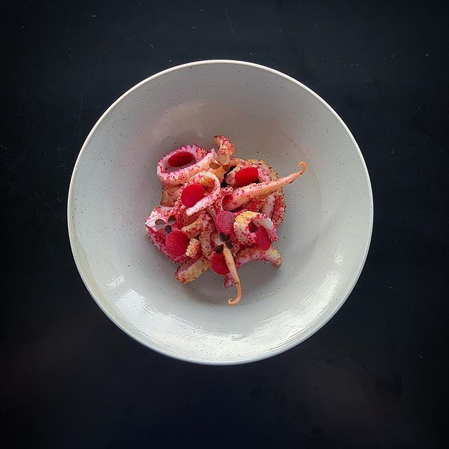 Squid, black garlic, beetroot and cured ham.