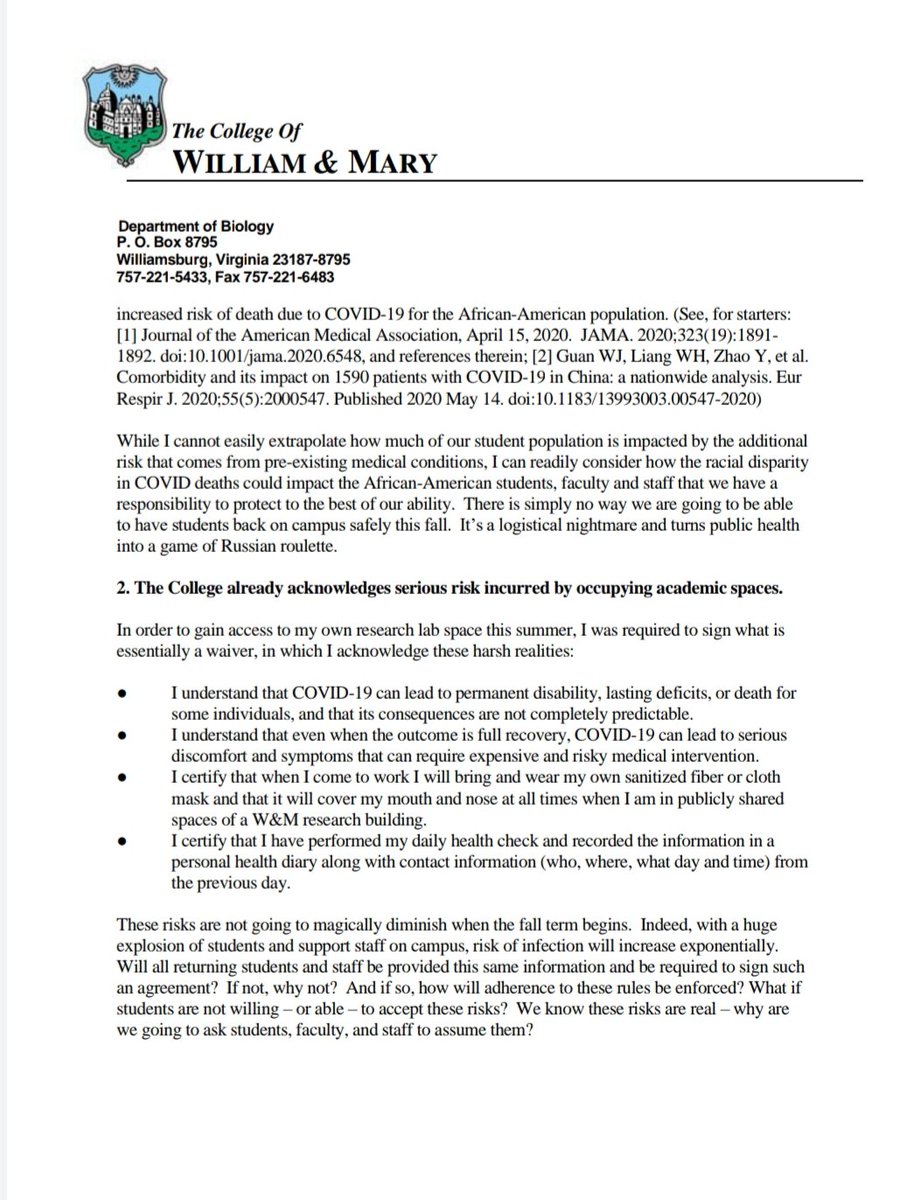 SocialistsWM's tweet photo. Here is an open letter written by W&amp;M virologist Dr. Kurt Williamson to President Rowe, warning her of the dangers of opening up campus for the coming semester. Despite the college's need to secure revenue, this must not outweigh the safety of the campus community. https://t.co/IYGJgH4oRX