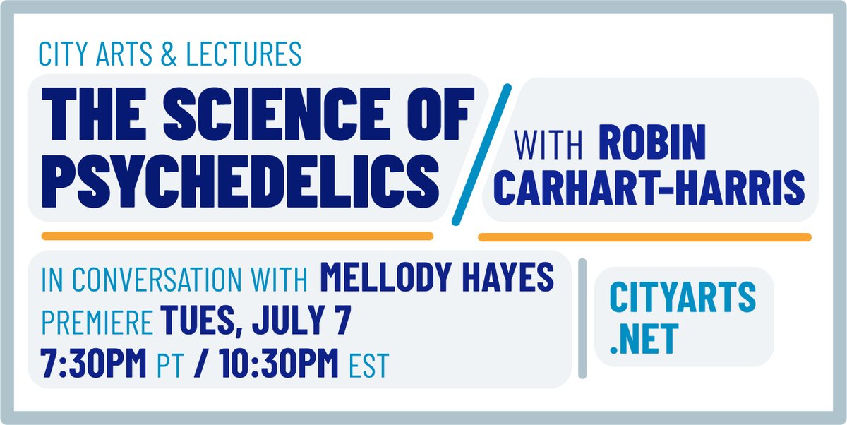 cityartssf's tweet image. Coming up, Dr. Carhart-Harris &amp;amp; Dr. Hayes discuss the use of psychedelics for treating mental illnesses &amp;amp; more. Send questions for @RCarhartHarris of @Imperial_PRG &amp;amp; @Mellody_Hayes to info@cityarts.net by Fri 6/26, 5pm!

Don't miss the conversation July 7: bit.ly/31c52R9