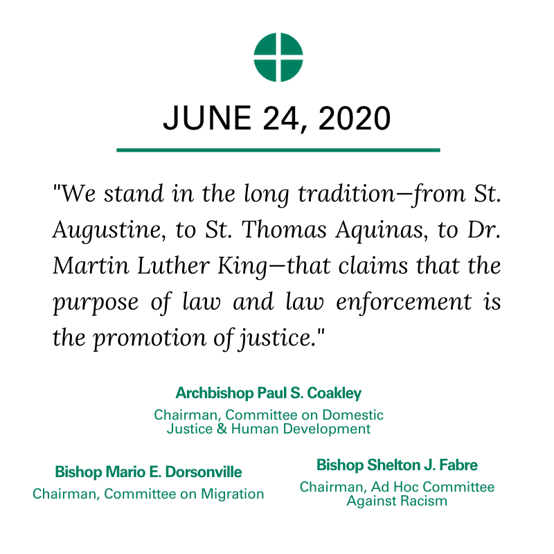 USCCB's tweet photo. In the wake of the recent deaths of African Americans in police custody and the national discussion on police reform and racial justice, @ArchbishopOKC, Bishop Mario E. Dorsonville, and @BishopFabre sent a letter to all members of  #Congress. Read more: https://t.co/iCdkDiwNQT https://t.co/Cs0sm1wK0W