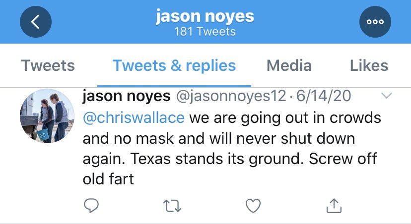 Jason Noyes thinks  #COVID__19 is fake, has promoted conspiracy theories about it, and is anti-mask because it is “government control.”He is taking this seriously and would be an unsafe person to allow in your home to repair that washing machine.