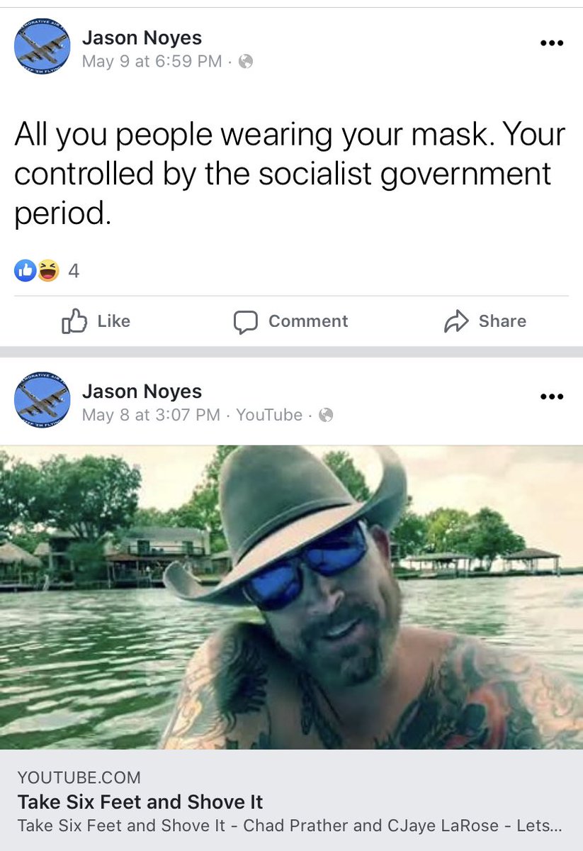 Jason Noyes thinks  #COVID__19 is fake, has promoted conspiracy theories about it, and is anti-mask because it is “government control.”He is taking this seriously and would be an unsafe person to allow in your home to repair that washing machine.