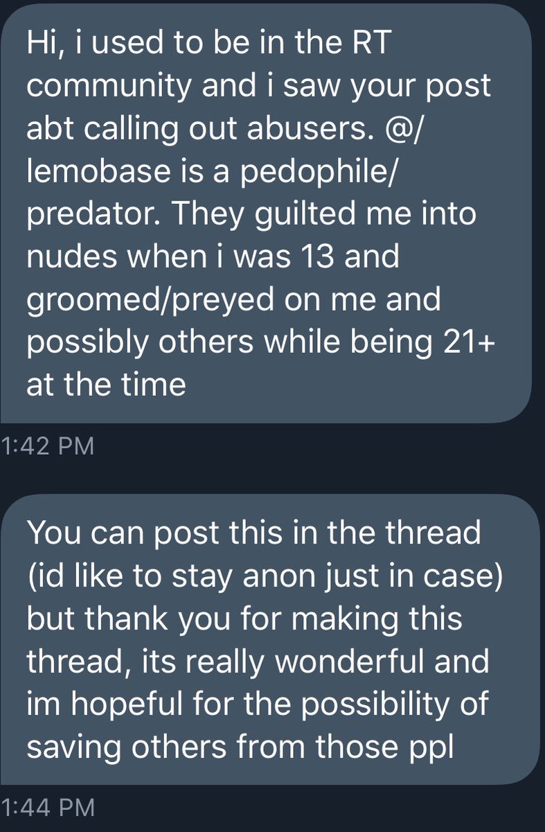 Coming forward anonymously is still brave. I don’t personally know both parties but I believe victims. Be careful of @/Lemobase .