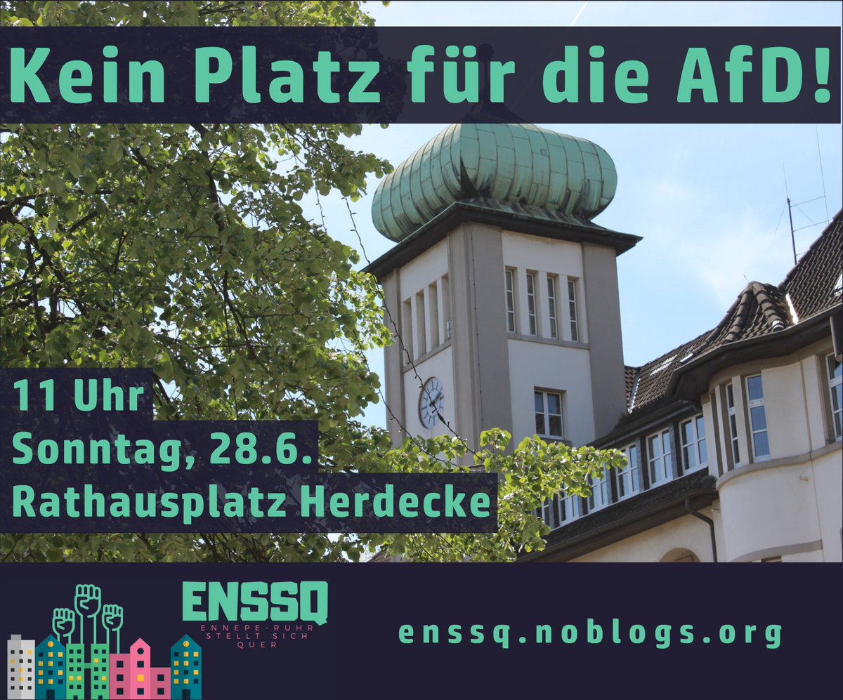 ENistBunt's tweet photo. Kein Platz für die rechtsextreme #noAfD in #Herdecke! Kundgebung am Sonntag ab 11:00 auf dem Rathausplatz.
Wir setzen der Hetze dieser staatszersetzenden Partei eigene Inhalte entgegen und zeigen: kein Mensch braucht die AfD!
#noNazis #nazisRaus #enssq
https://t.co/eYP8KoE3vv https://t.co/P3rteF9qnE