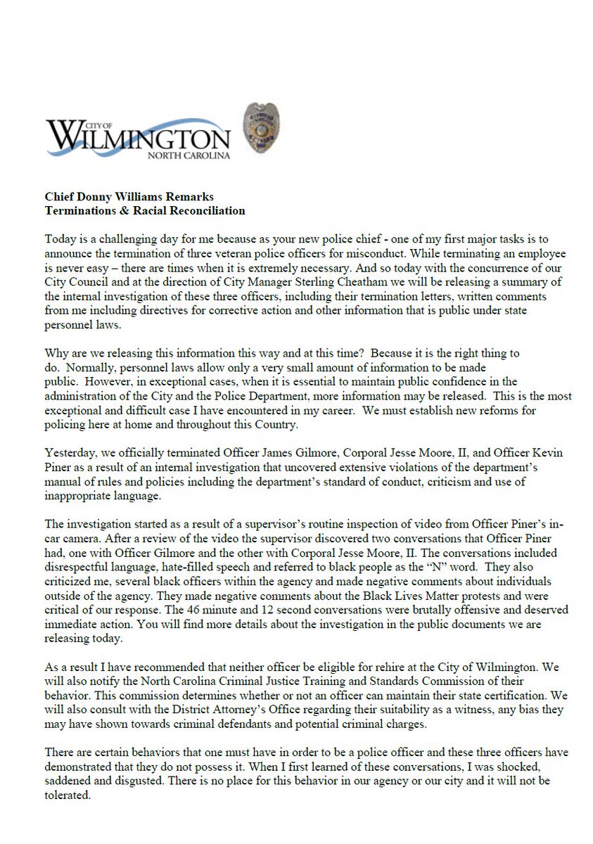 ⁣Read Chief Williams’ full statement below. Access the public documents, including a summary of the investigation here:  https://www.wilmingtonnc.gov/Home/Components/News/News/6549/656