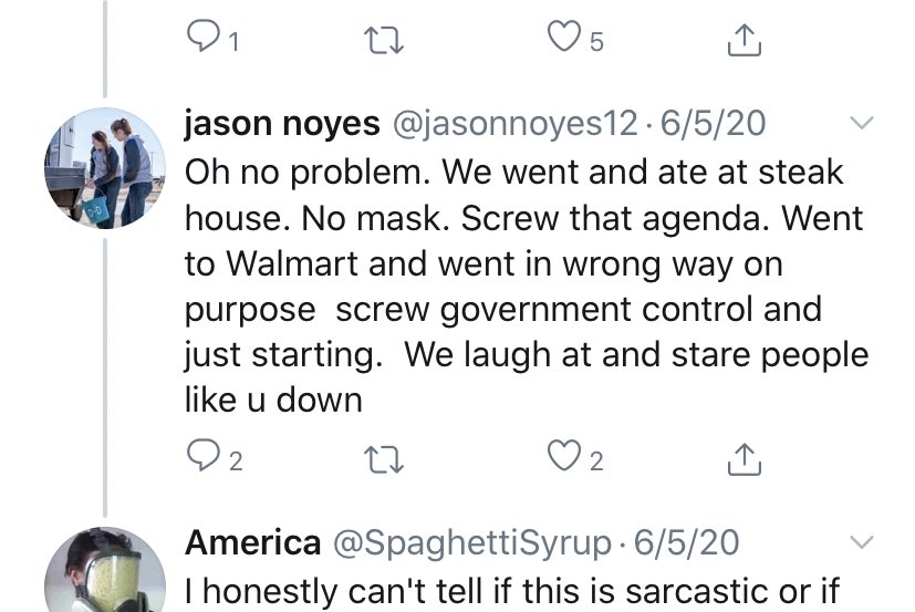 Jason Noyes likes going to Walmart and going “in the wrong way” and likes to “laugh at and stare at people” in masks “down” in order to “screw governmental control.”