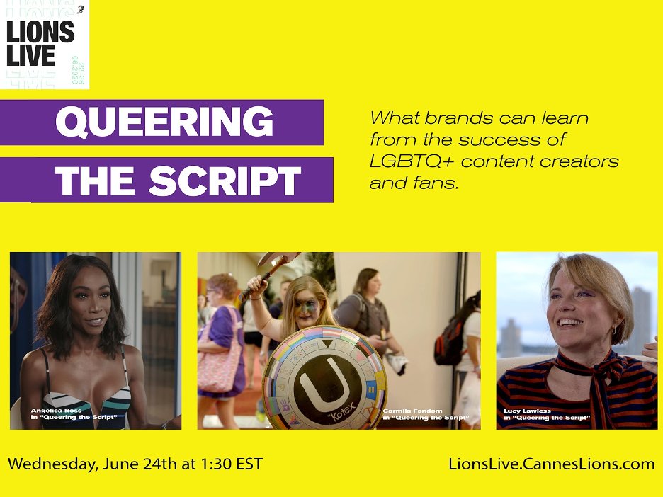 KindaTV_'s tweet image. The world has changed but our communities are strong. Tune in to the @Cannes_Lions #ActionDay as @ShaftesburyTV presents #QueeringTheScript. Hear from activists like @AngelicaRoss, the folx behind #Carmilla and learn why #immersiverepresentation matters. bit.ly/37VOgas