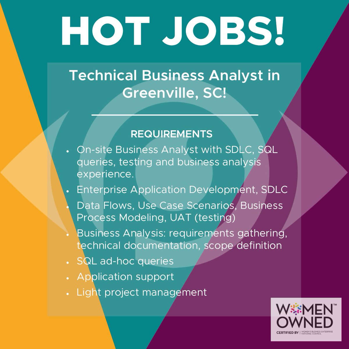 PerceptiveRecr1's tweet image. We have NEW Hot Jobs! This Business Analyst role in Greenville is going to move quick. Apply directly to our posting at www2.jobdiva.com/portal/?a=m4jd… #PerceptiveRecruiting #WomanOwned #SupplierDiversity #DirectPlacement #GVLToday #MoveUp #GSABusinessReport #yeahTHATgreenville