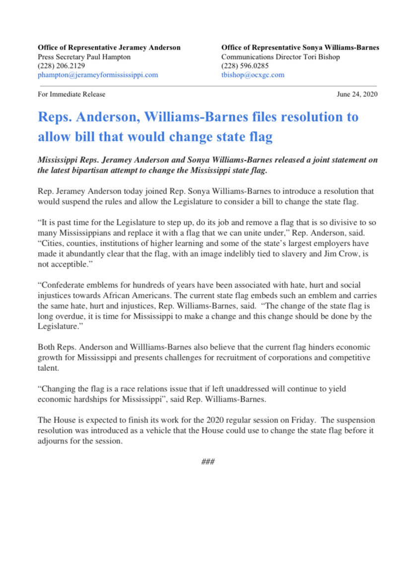 Today, Rep. Anderson and I join together on a resolution to remove the state flag per a vote by the legislature. Please see joint statement below.
