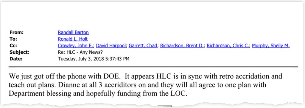 Internal emails at the college show DAJ orchestrated the whole thing, talking with HLC and with Dream Center, behind the scenes. (Ultimately HLC did not restore accred to DCEH.)  @EricaLG and  @StacyCowley got the goods on that in this  @nytimes story:  https://www.nytimes.com/2019/07/23/us/politics/dream-center.html 10/