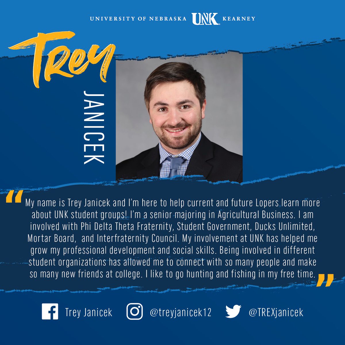 UNK_Students's tweet photo. 👋🏽Wanting to know more about getting involved on campus? Just ask this week’s Featured Loper- @TREXjanicek ! 
🤘🏽He is a senior from Bridgeport, NE and has quite the resume on campus! #LopesUp https://t.co/XMrzUlqwoP