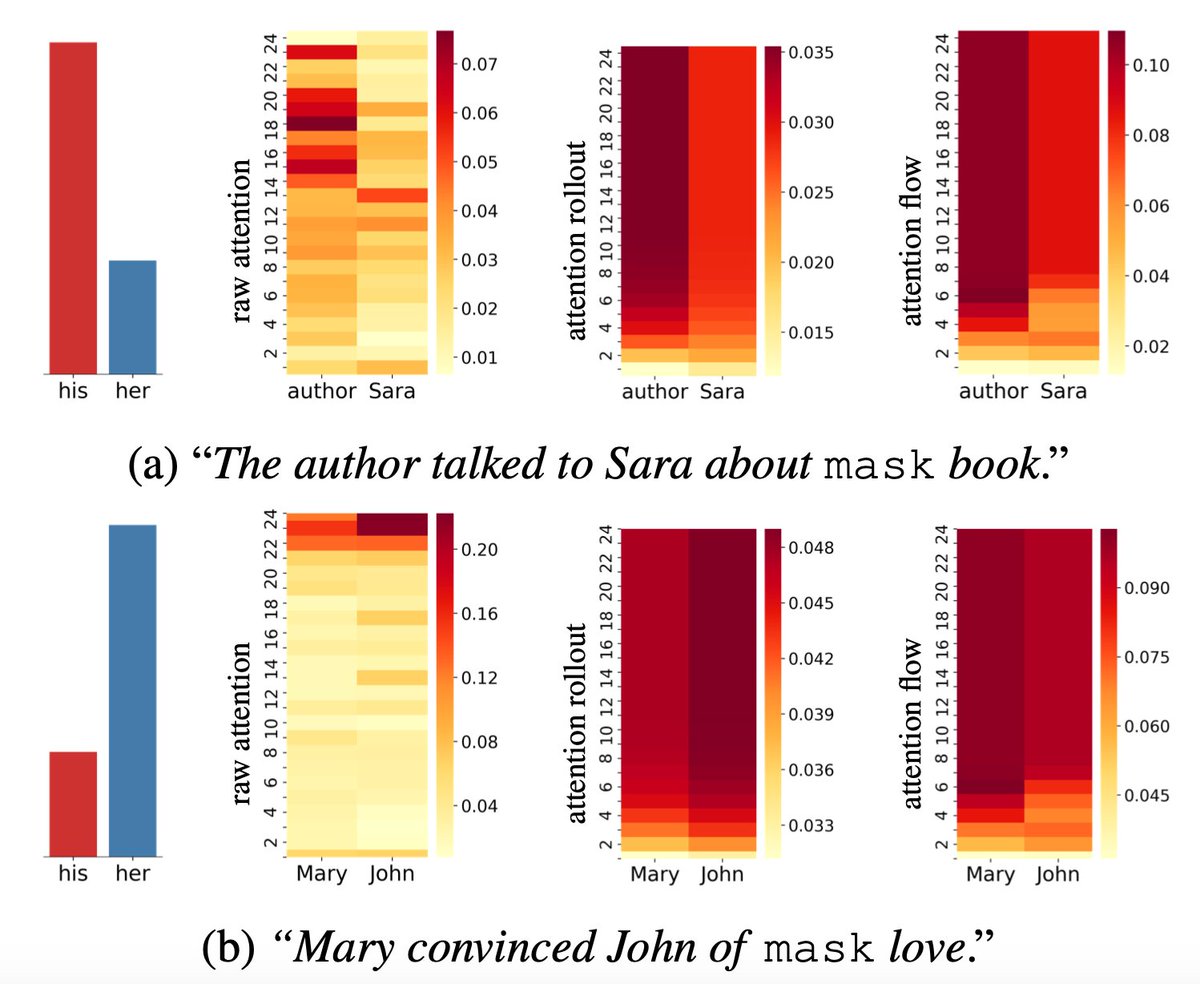 In sentence (a), the Transformer expects “his” at the mask, presumably because of 'author' and male bias. Across its 24 layers, the raw attention pattern is not at all consistent, but Samira’s new "attention rollout" & "attention flow" correctly lay the blame on ‘author’.