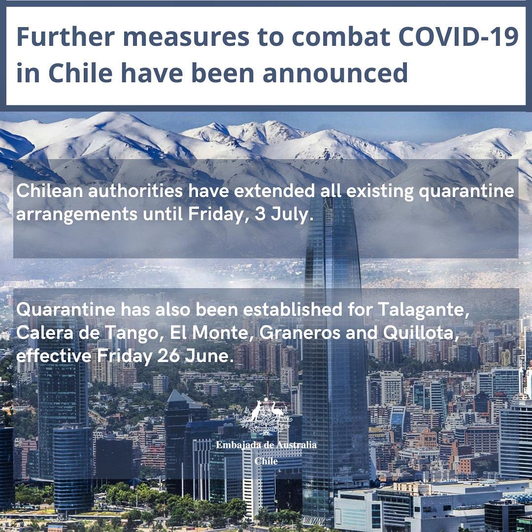 Australians in Chile 🇨🇱: Exisiting quarantines are extended until 3 July (including for Santiago RM, Viña Del Mar, Valparaíso, Antofagasta, and others). There will be a health cordon for Santiago region, Valparaíso, and Concepción this long weekend. Full info <a href="/ministeriosalud/">Ministerio de Salud</a>