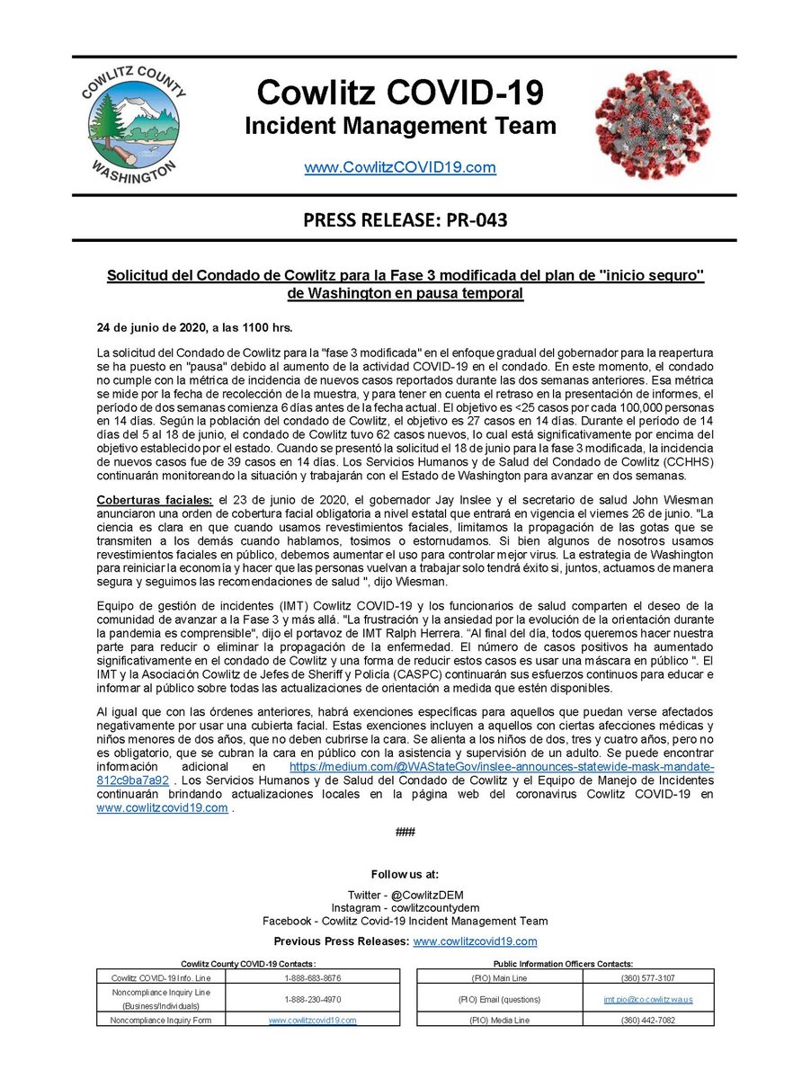 CowlitzDEM's tweet photo. Cowlitz County Press Release 43: Cowlitz County’s Application for Modified Phase 3 of Washington’s “Safe Start” Plan Temporarily Paused #cowlitz #cowlitzcounty #coronavirus #covid19 #publicinfo

For a PDF version of this release, visit https://t.co/78yHUVNNFG https://t.co/RhX5yfJEku